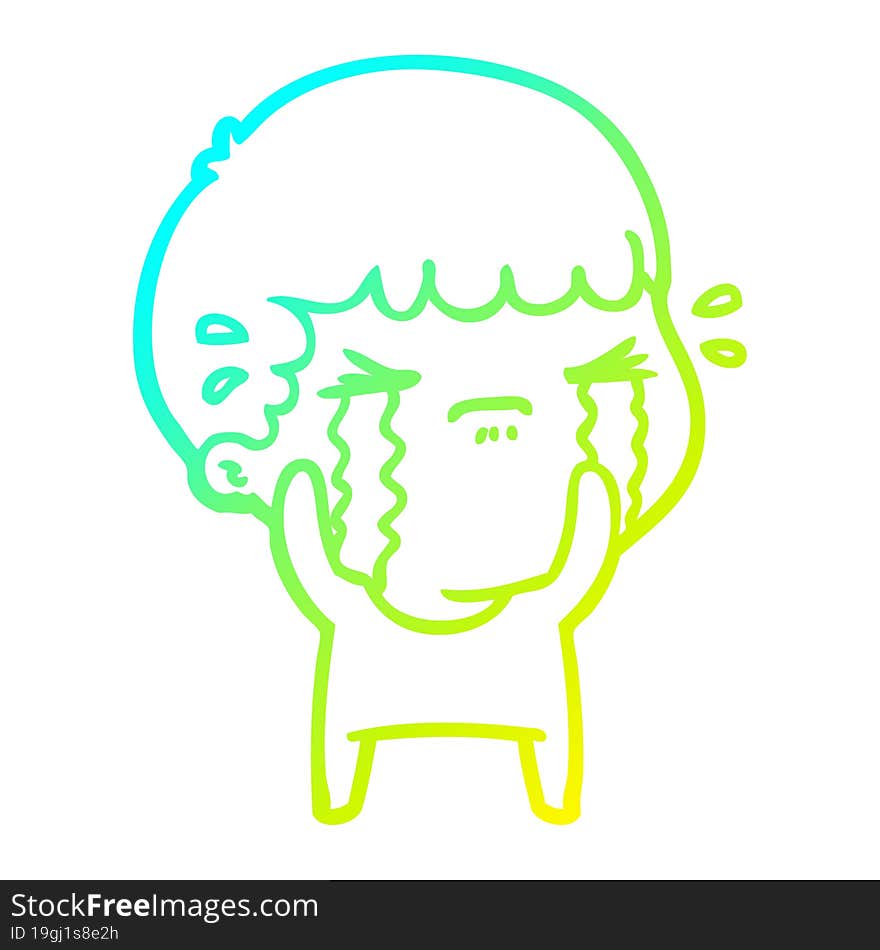 cold gradient line drawing cartoon man crying