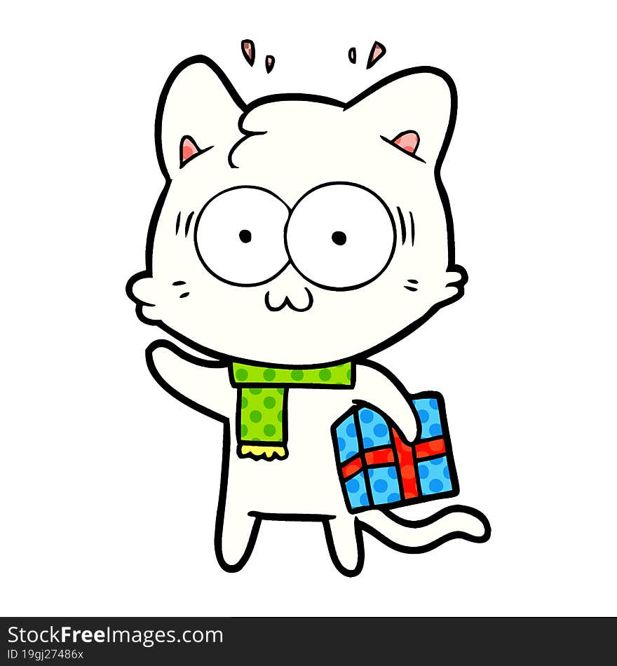 cartoon surprised cat with christmas present. cartoon surprised cat with christmas present