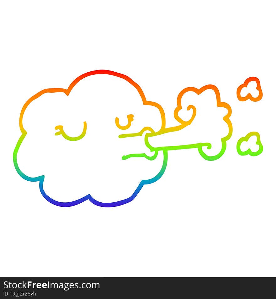 rainbow gradient line drawing of a cartoon cloud blowing a gale