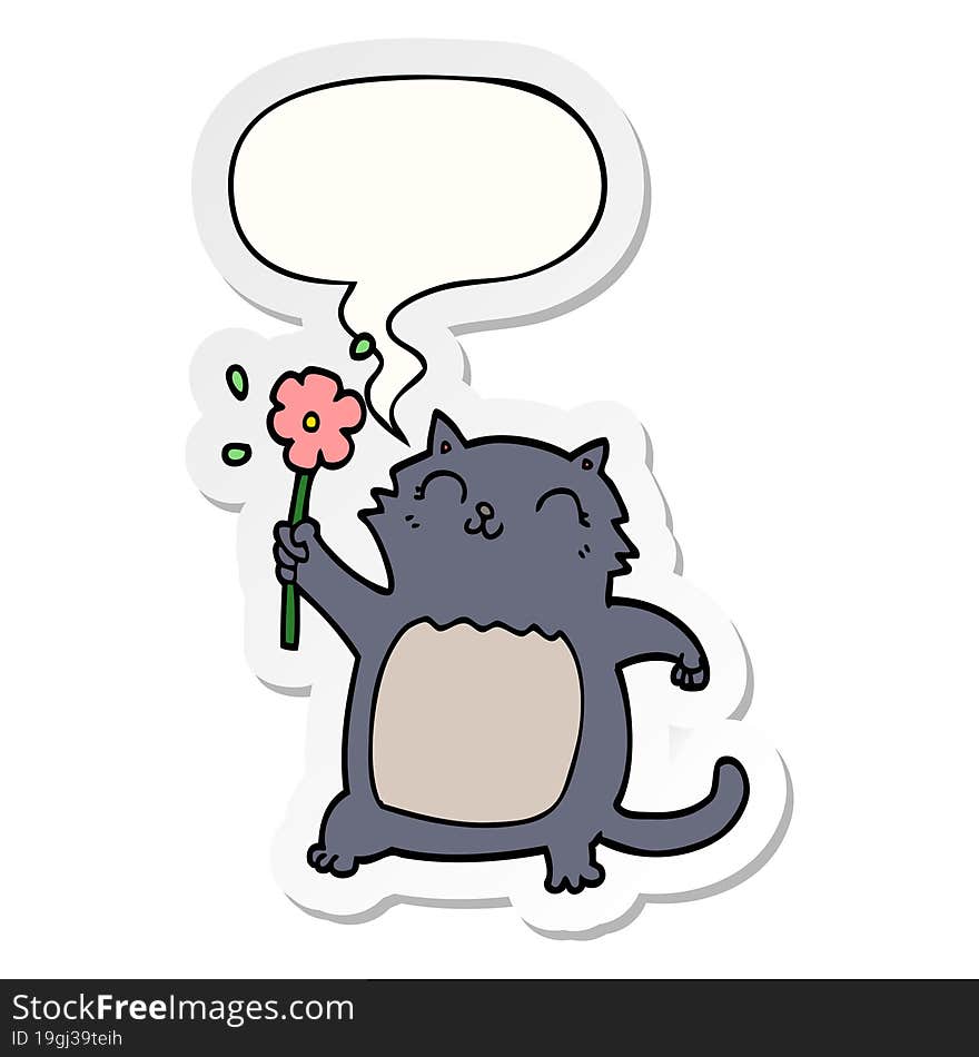 cartoon cat with flower with speech bubble sticker. cartoon cat with flower with speech bubble sticker