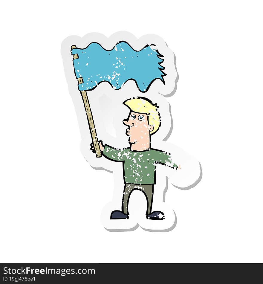 retro distressed sticker of a cartoon man waving flag