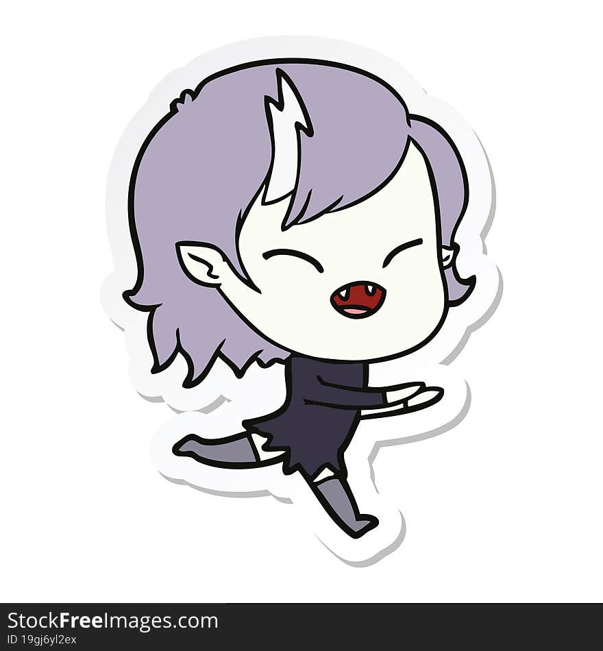 sticker of a cartoon laughing vampire girl running