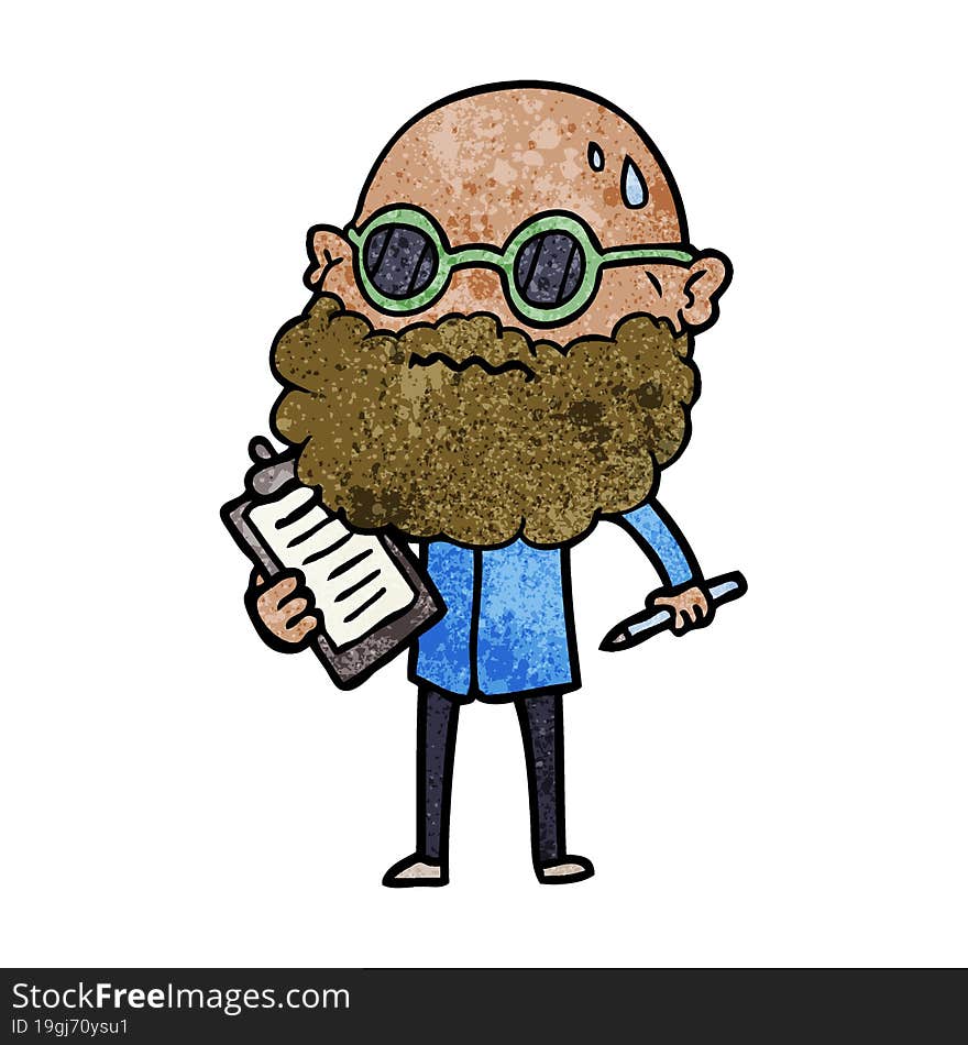 cartoon worried man with beard and sunglasses taking survey. cartoon worried man with beard and sunglasses taking survey