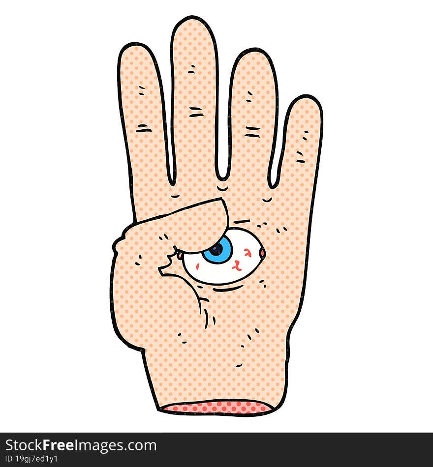 freehand drawn cartoon spooky hand with eyeball