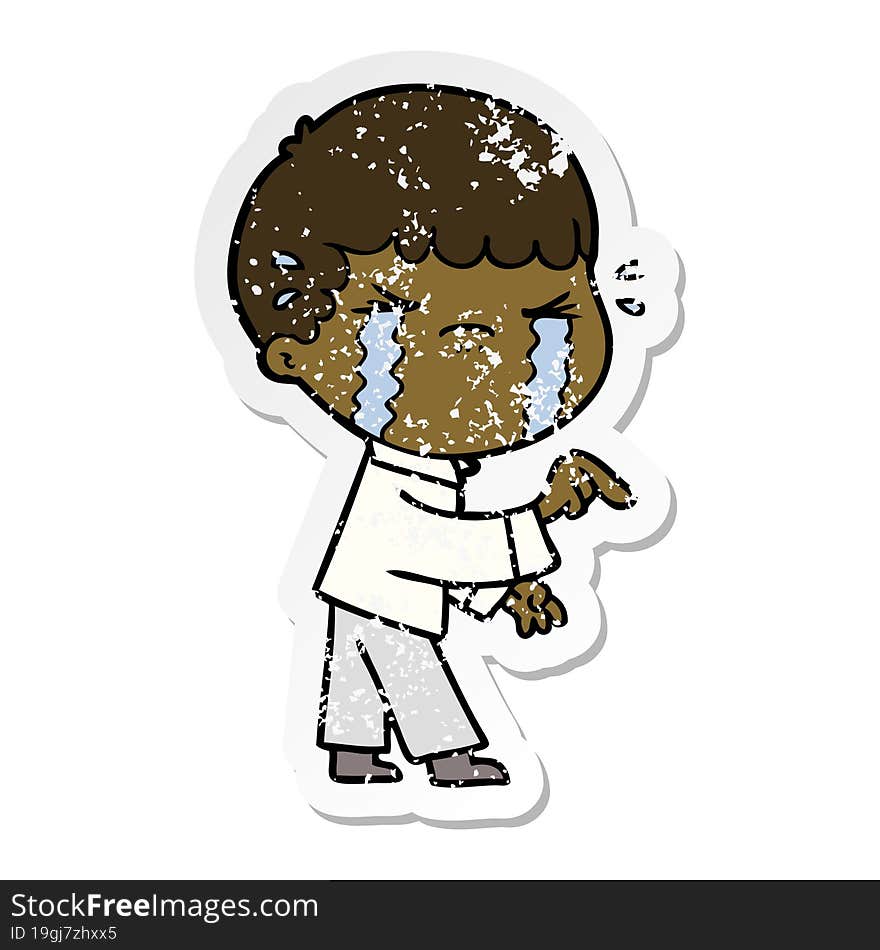 distressed sticker of a cartoon man crying