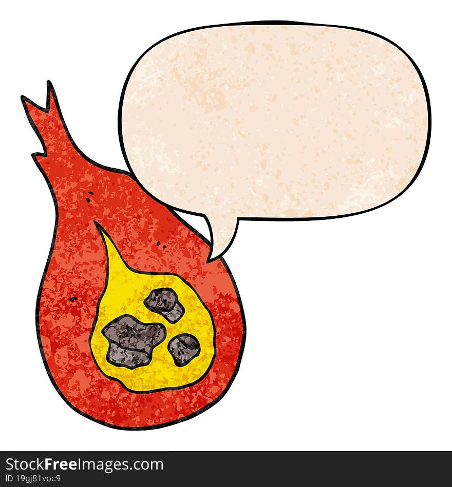 cartoon fireball and speech bubble in retro texture style