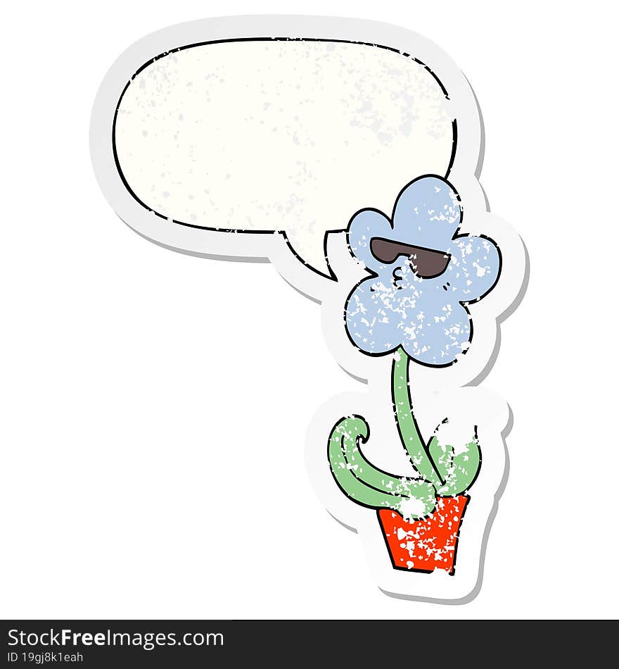 cool cartoon flower with speech bubble distressed distressed old sticker. cool cartoon flower with speech bubble distressed distressed old sticker