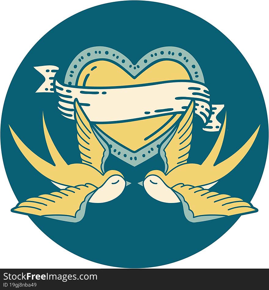 iconic tattoo style image of swallows and a heart with banner. iconic tattoo style image of swallows and a heart with banner