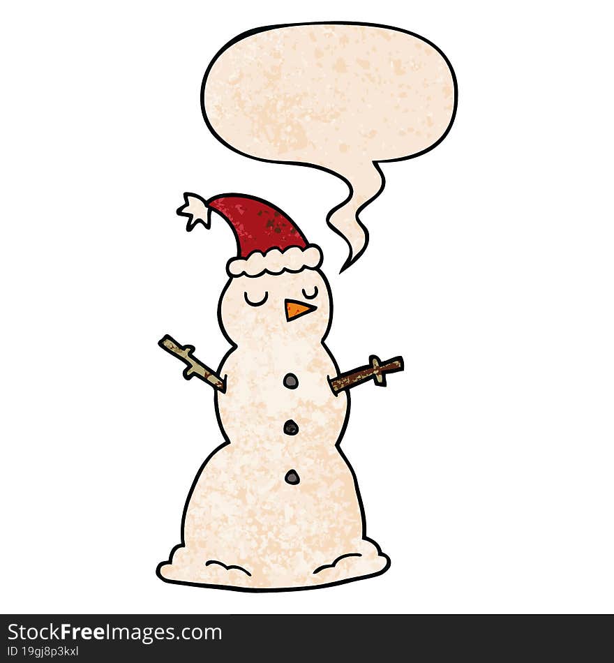 cartoon snowman and speech bubble in retro texture style