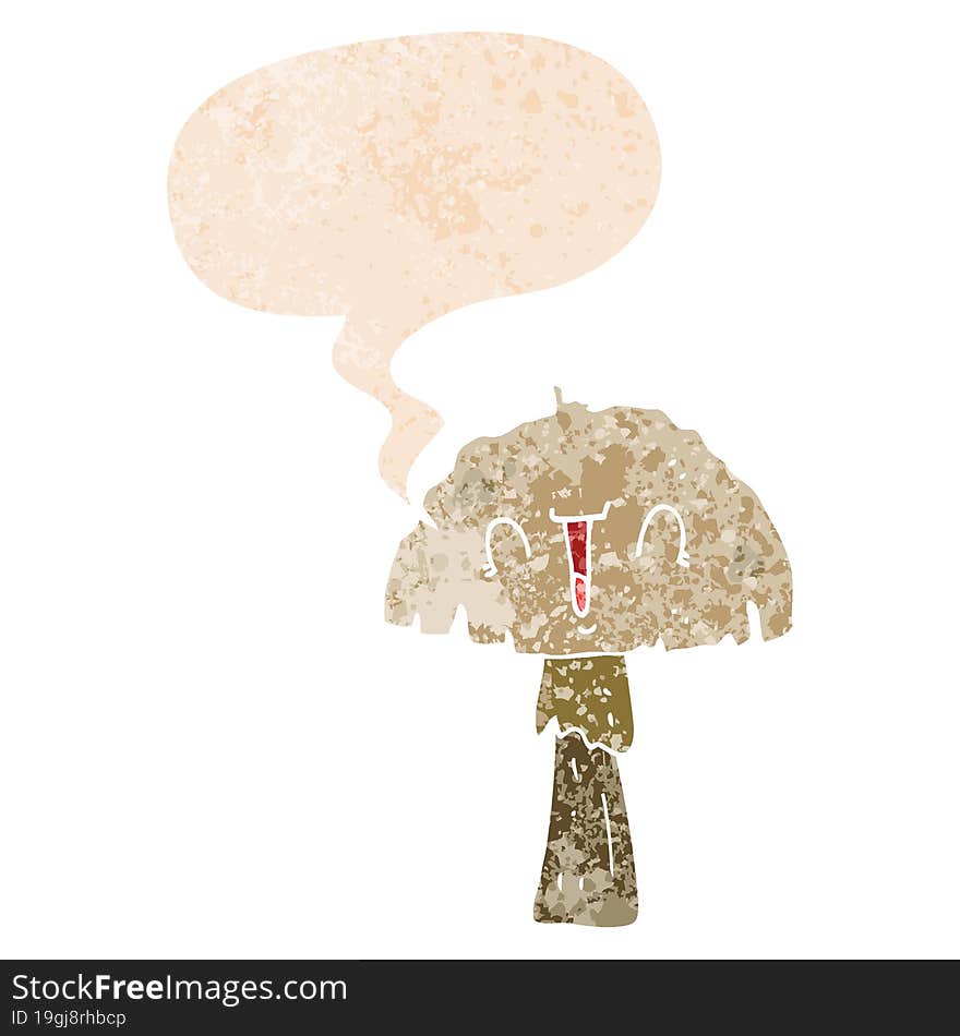 Cartoon Mushroom And Speech Bubble In Retro Textured Style