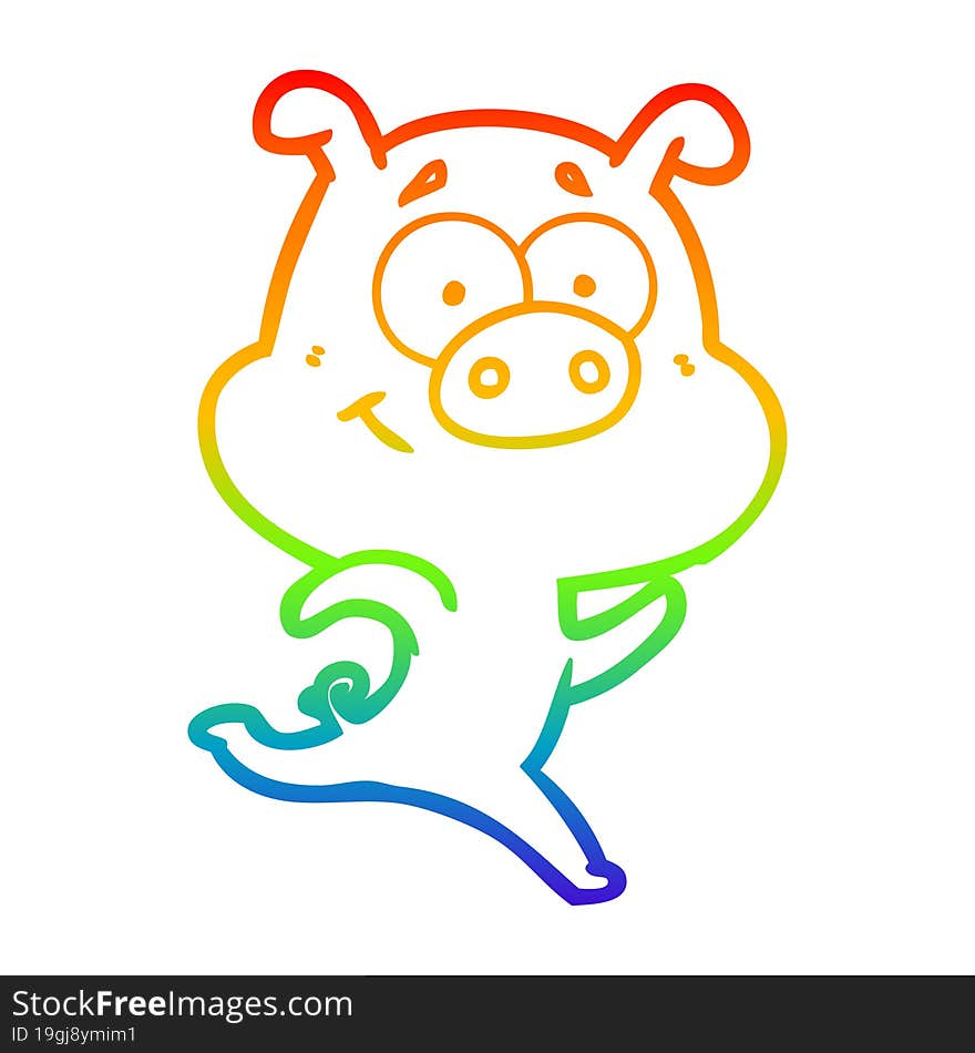 rainbow gradient line drawing happy cartoon pig running