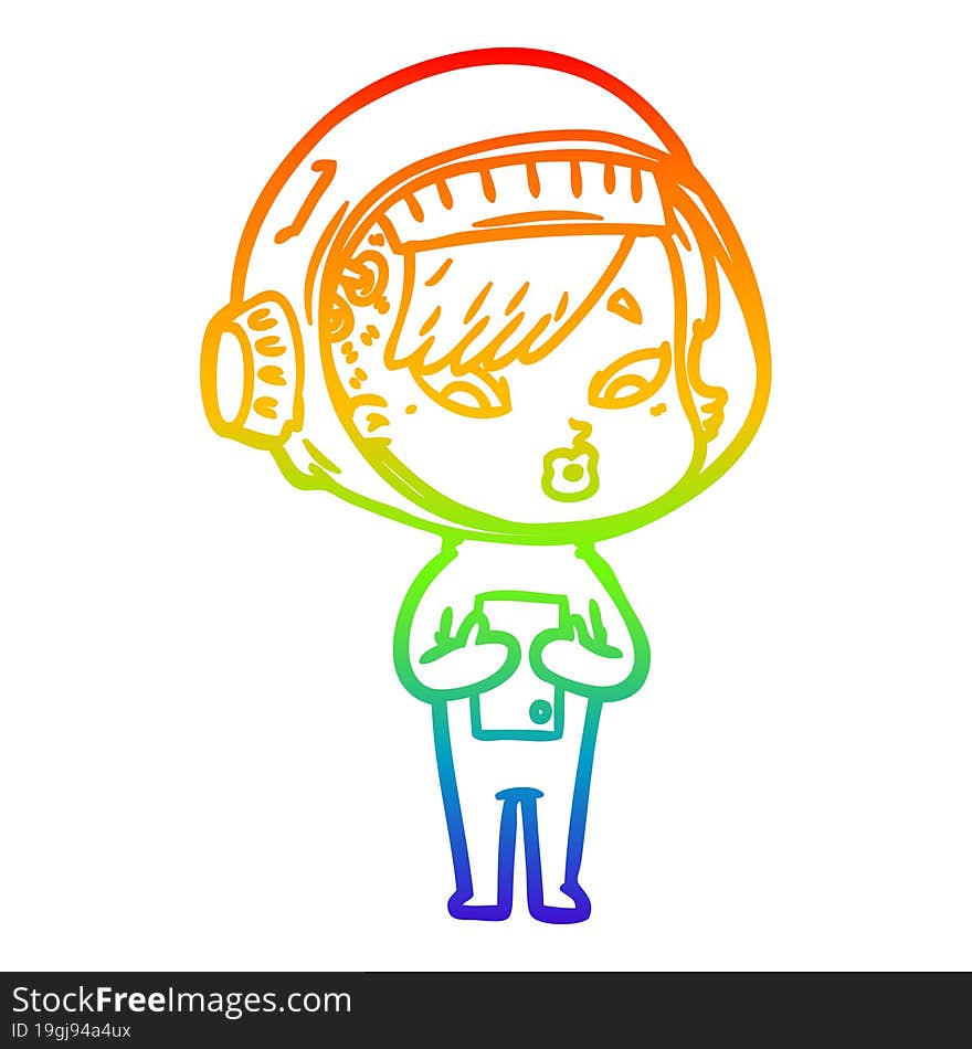 rainbow gradient line drawing of a cartoon astronaut woman