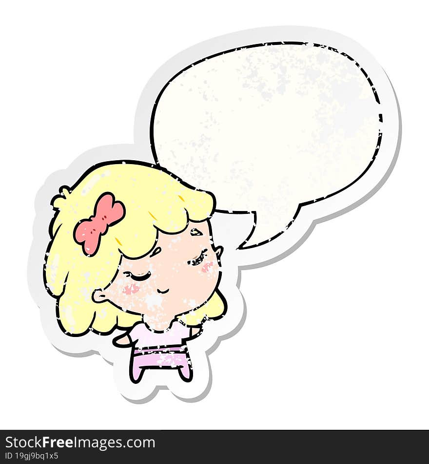 cute cartoon happy girl and speech bubble distressed sticker