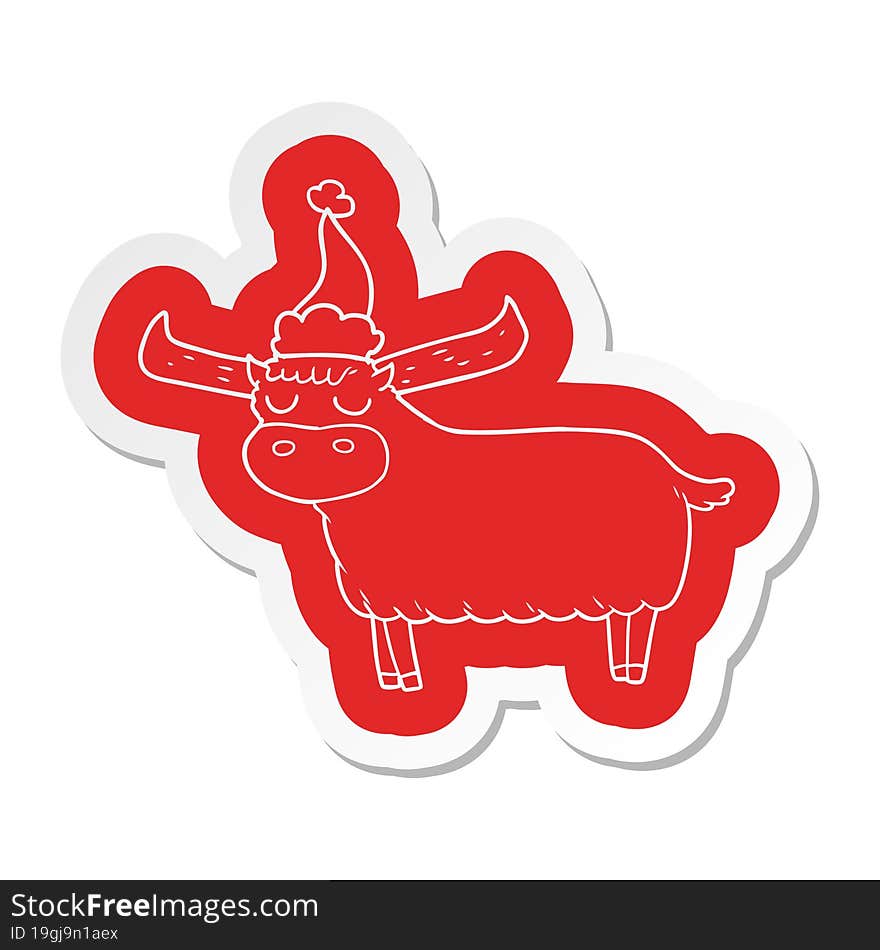 cartoon  sticker of a bull wearing santa hat