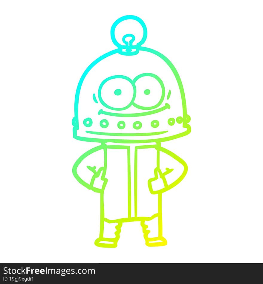 cold gradient line drawing of a happy carton robot with light bulb