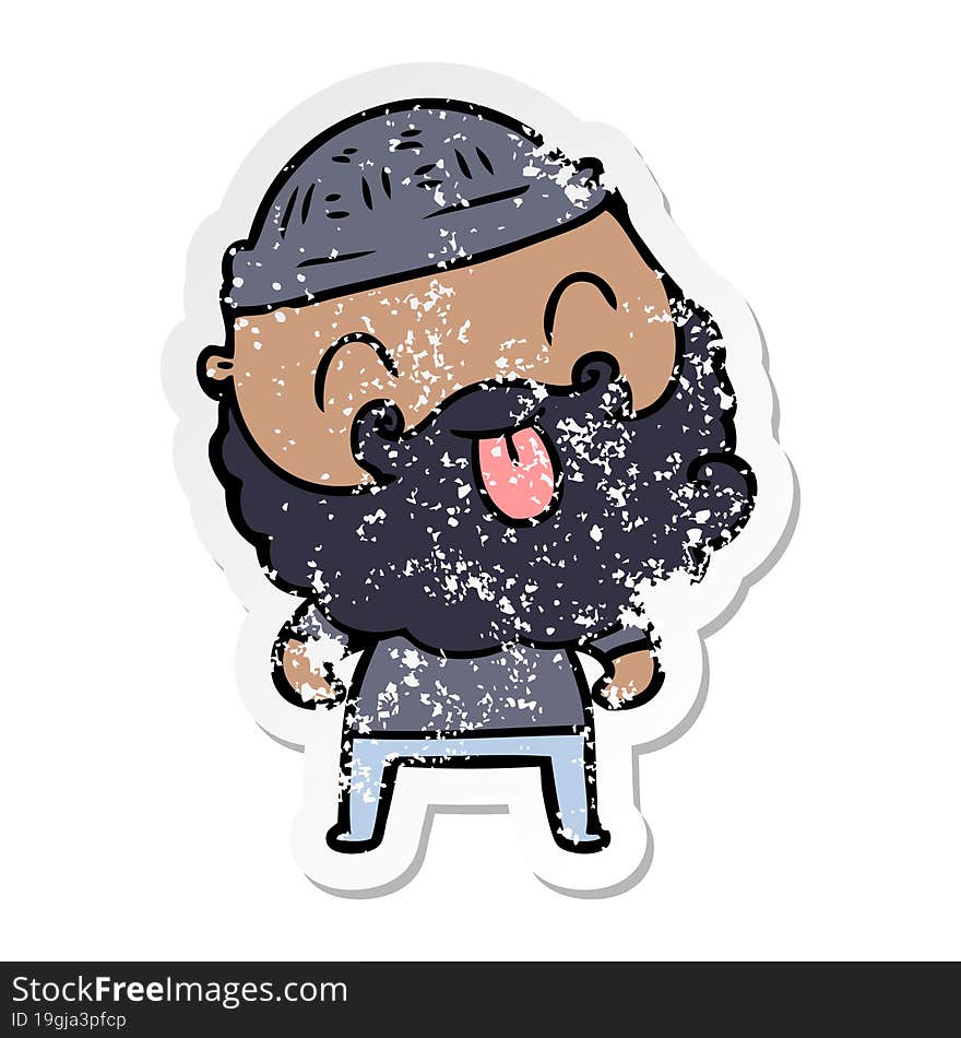 distressed sticker of a man with beard sticking out tongue