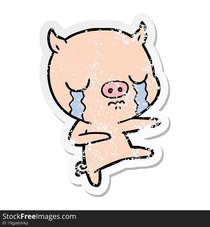 distressed sticker of a cartoon pig crying