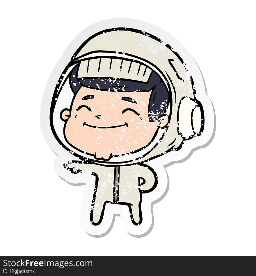 distressed sticker of a happy cartoon astronaut