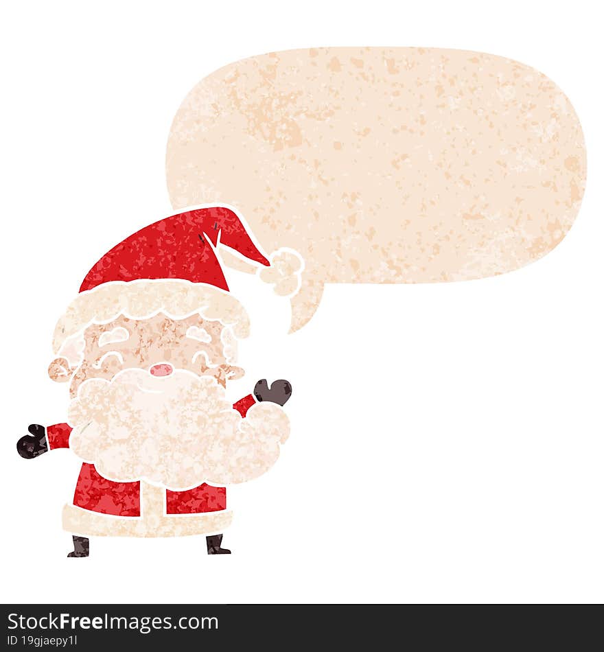 cartoon santa claus and speech bubble in retro textured style