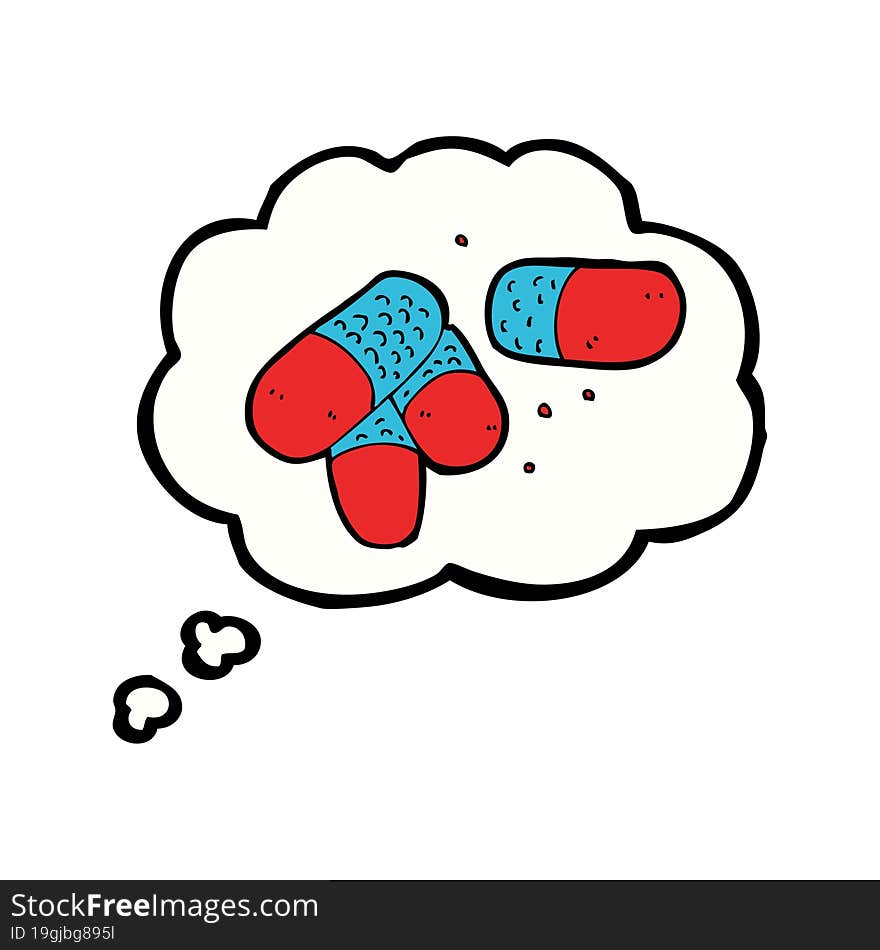 cartoon painkillers with thought bubble