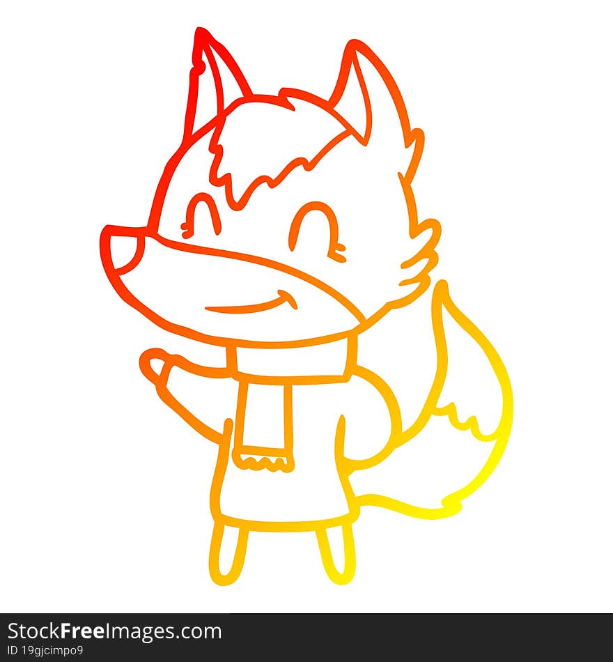 Warm Gradient Line Drawing Friendly Cartoon Wolf In Winter Clothes