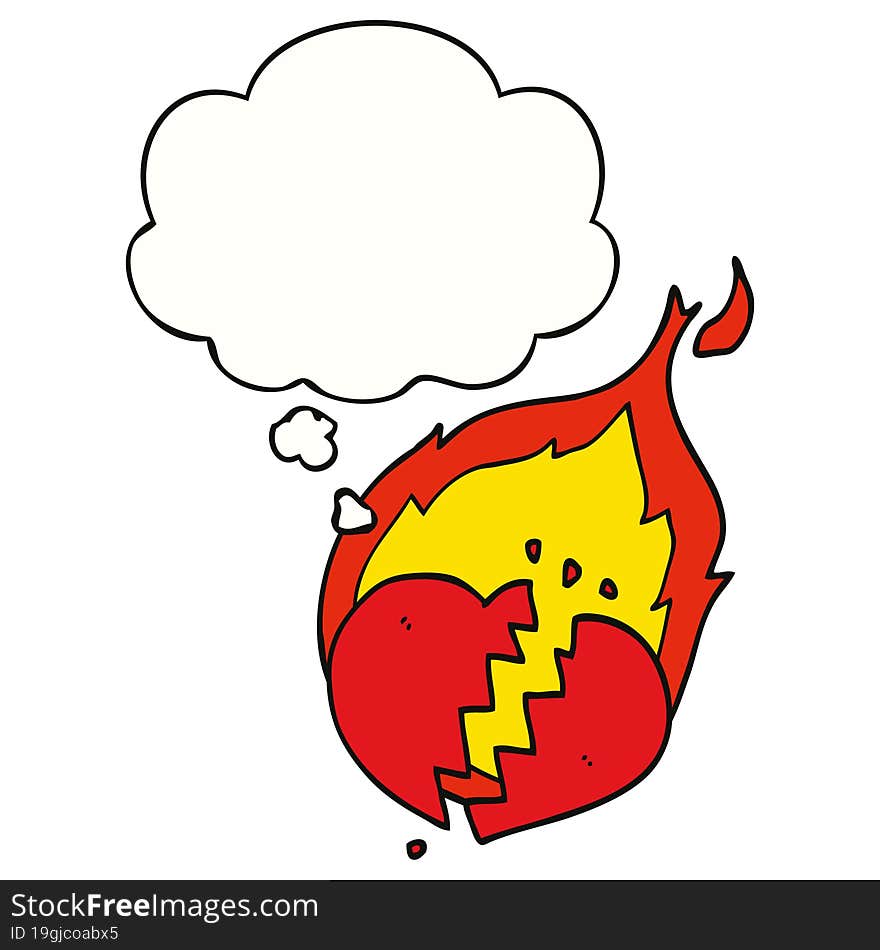 cartoon flaming heart and thought bubble