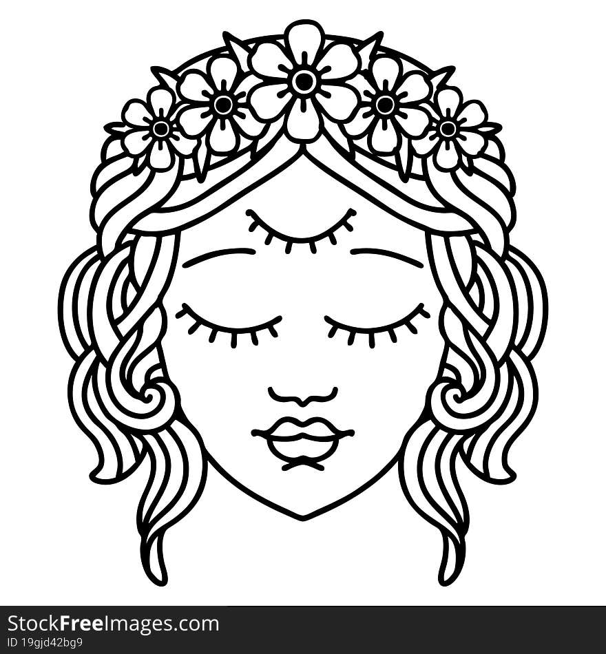 Black Line Tattoo Of Female Face With Third Eye