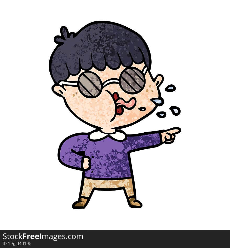 cartoon boy wearing spectacles and pointing. cartoon boy wearing spectacles and pointing