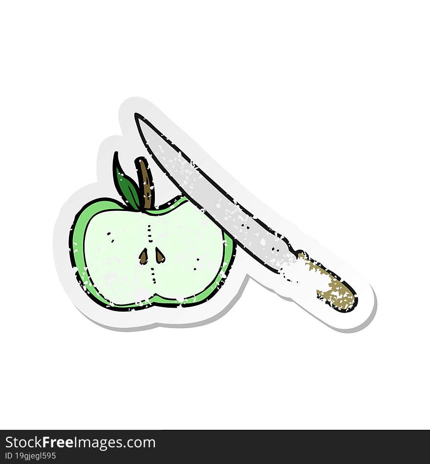 retro distressed sticker of a cartoon apple being sliced
