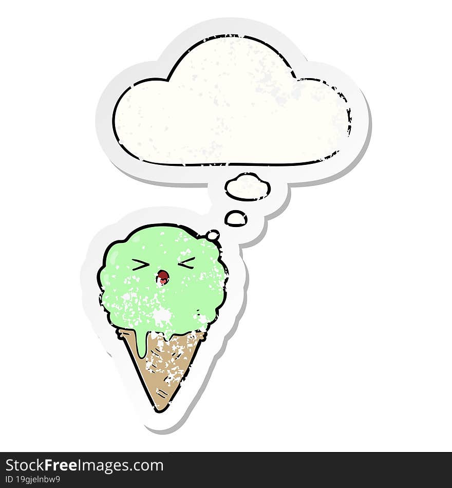 cartoon ice cream and thought bubble as a distressed worn sticker