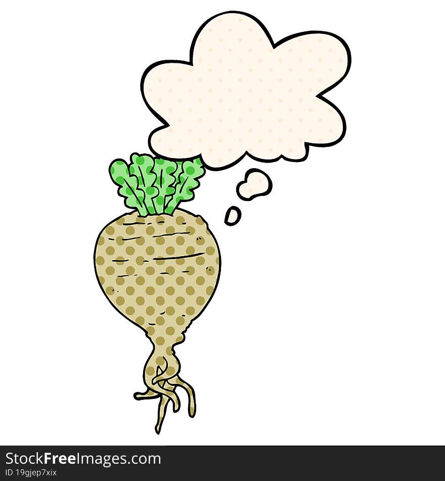 cartoon root vegetable with thought bubble in comic book style