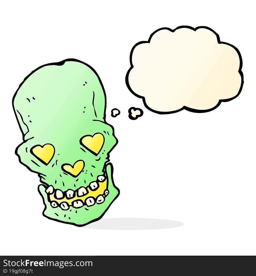 cartoon skull with love heart eyes with thought bubble