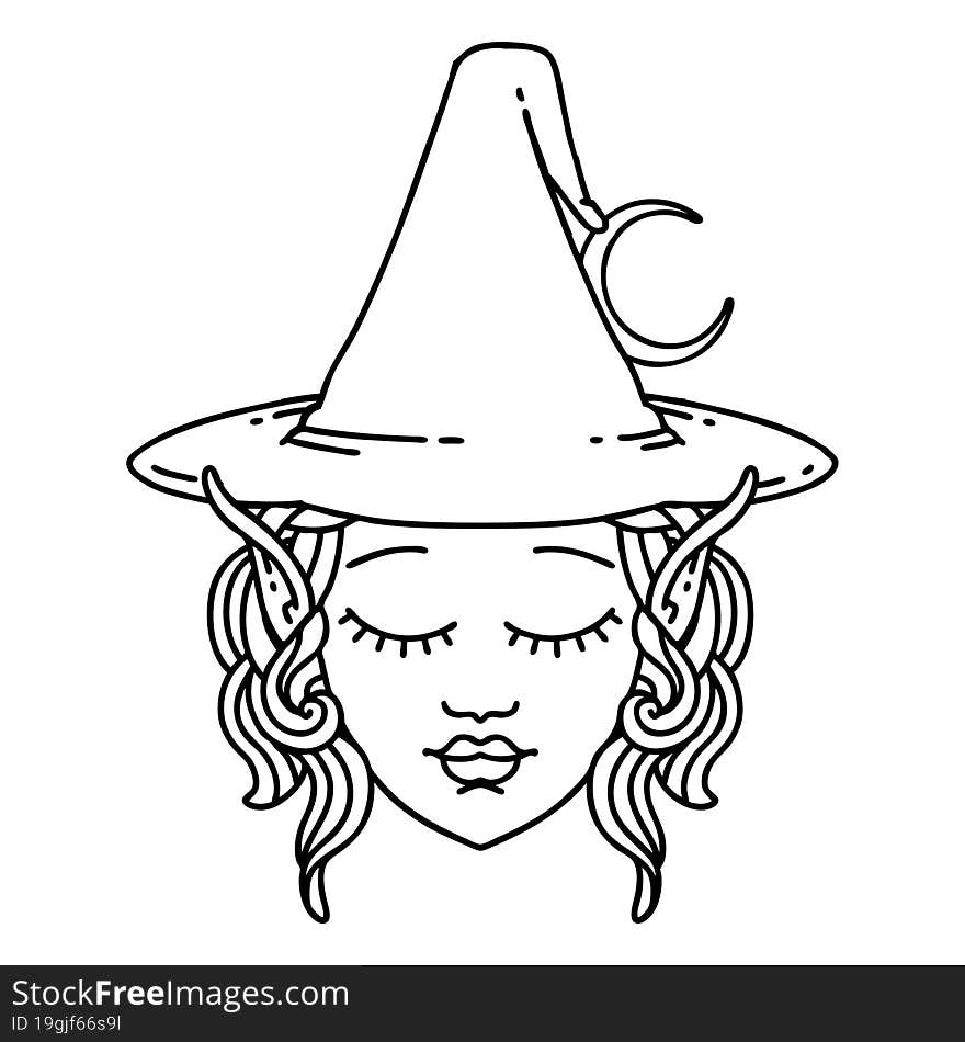 Black and White Tattoo linework Style elf mage character face. Black and White Tattoo linework Style elf mage character face