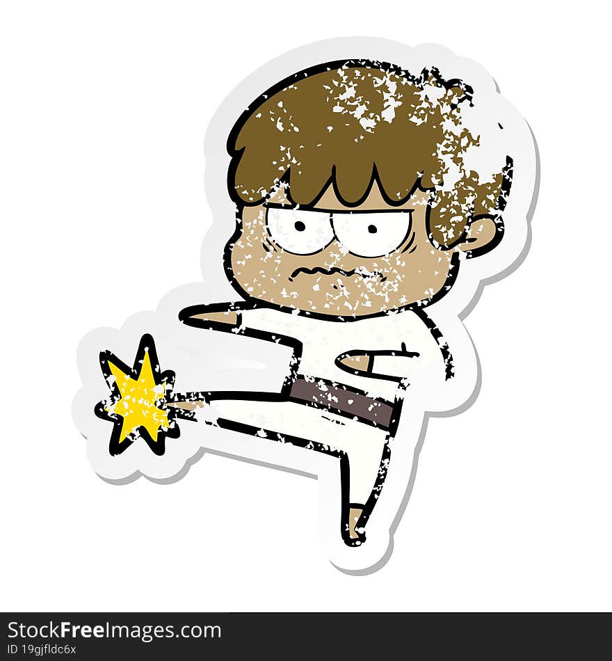 distressed sticker of a annoyed cartoon boy