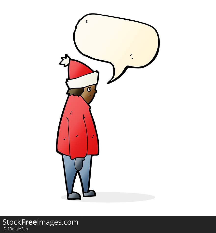 cartoon person in winter clothes with speech bubble