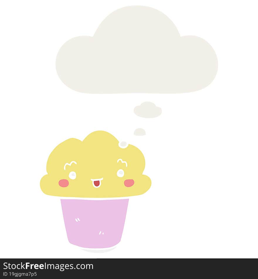 cartoon cupcake with face and thought bubble in retro style