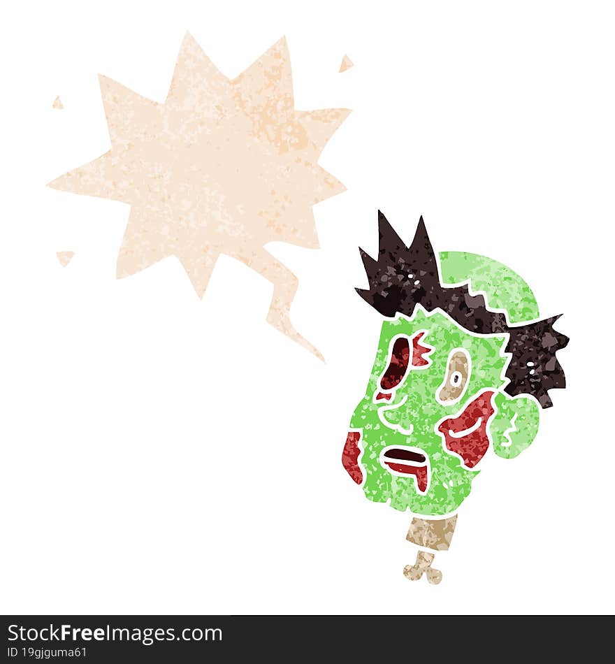 cartoon zombie head and speech bubble in retro textured style