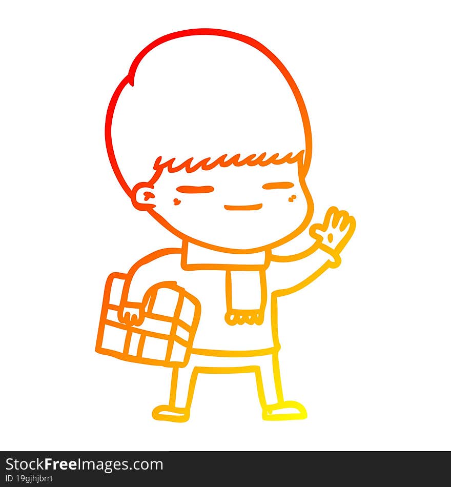 warm gradient line drawing of a cartoon smug boy carrying present