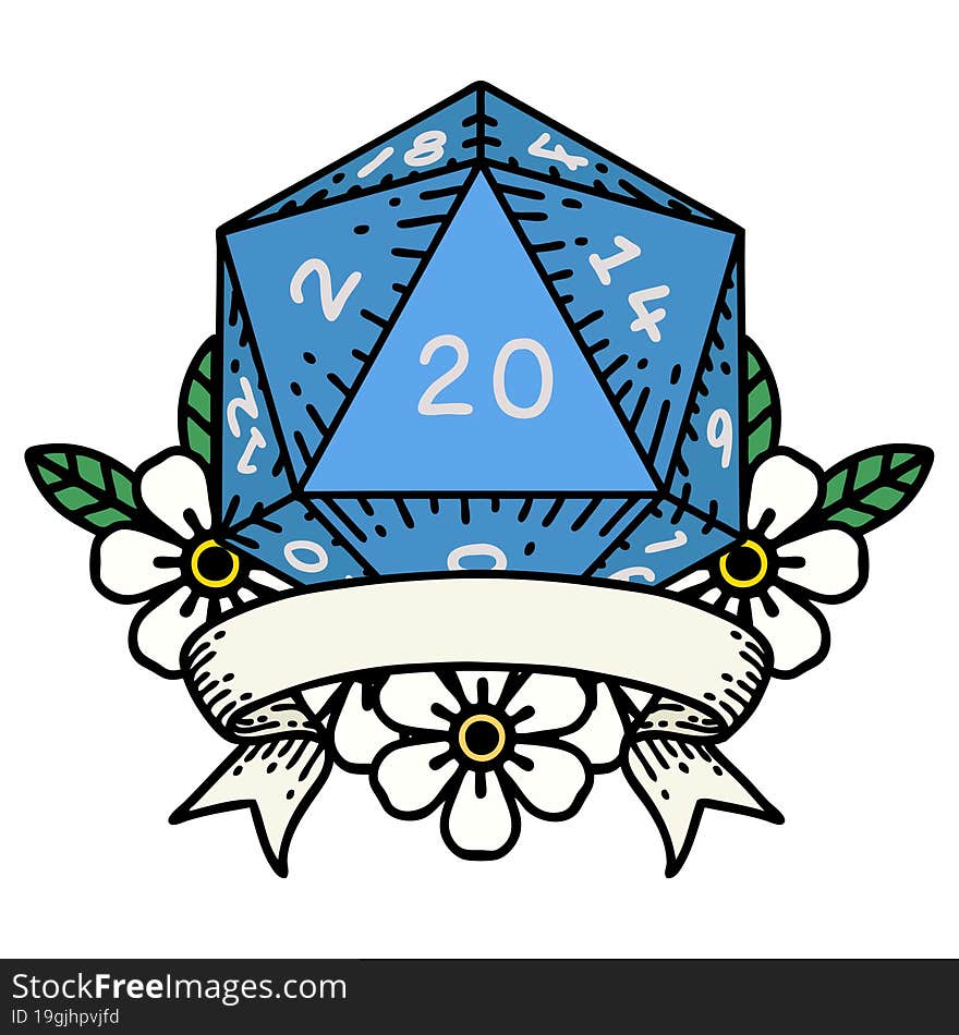 Retro Tattoo Style natural 20 critical hit D20 dice roll. Retro Tattoo Style natural 20 critical hit D20 dice roll