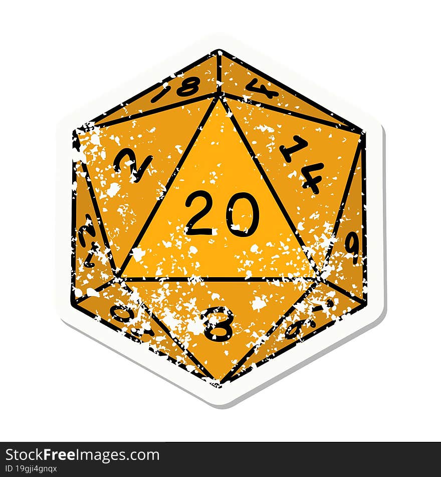 grunge sticker of a natural 20 D20 dice roll. grunge sticker of a natural 20 D20 dice roll