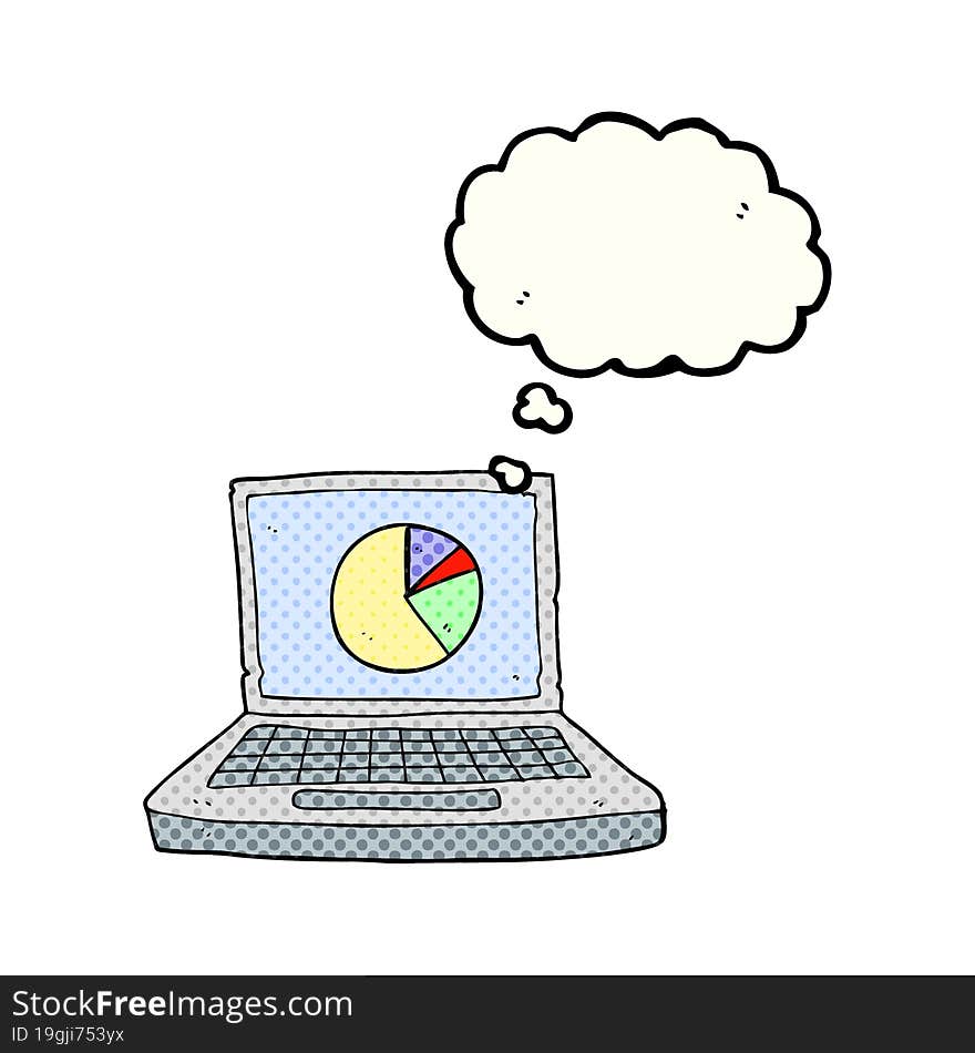 freehand drawn thought bubble cartoon laptop computer with pie chart