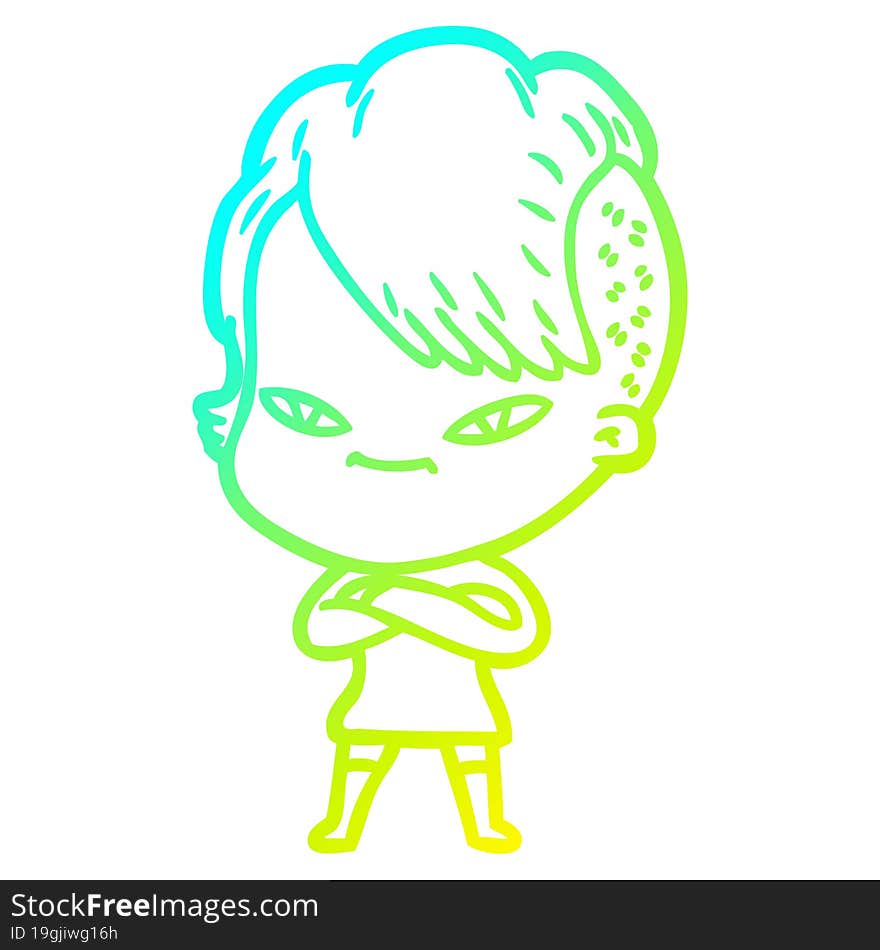 Cold Gradient Line Drawing Cute Cartoon Girl With Hipster Haircut