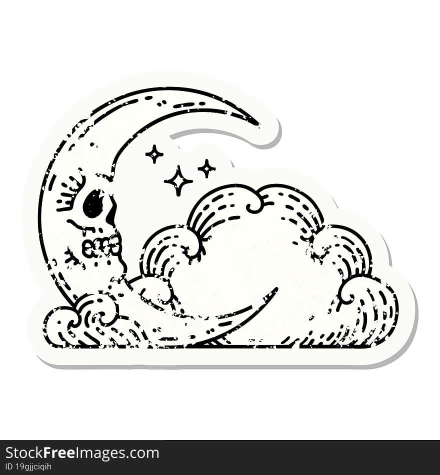 distressed sticker tattoo in traditional style of a skull crescent moon and clouds. distressed sticker tattoo in traditional style of a skull crescent moon and clouds