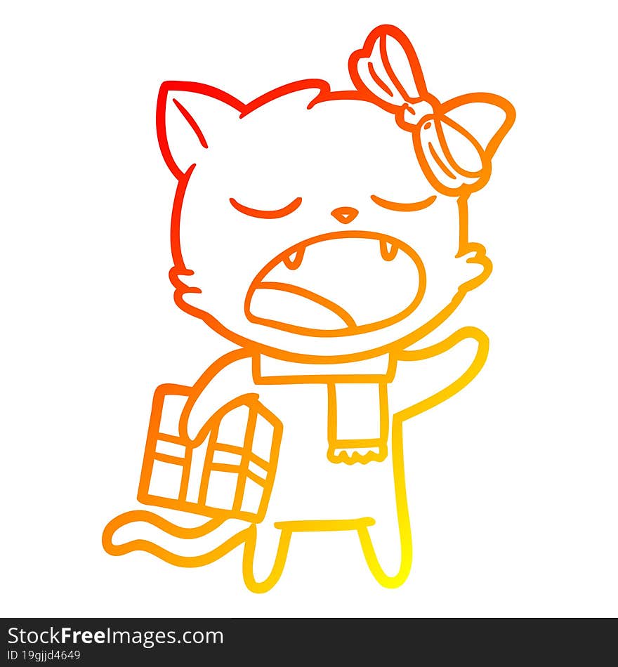 warm gradient line drawing of a cartoon cat with christmas present