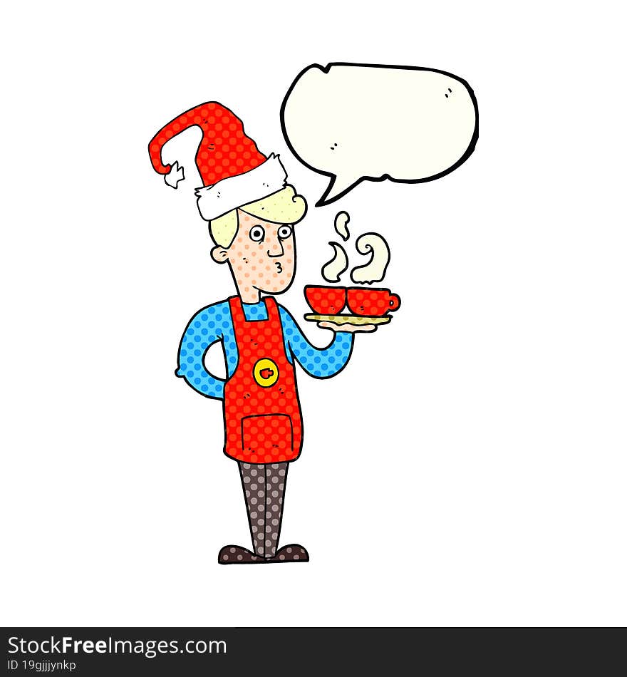 comic book speech bubble cartoon barista serving coffee at christmas