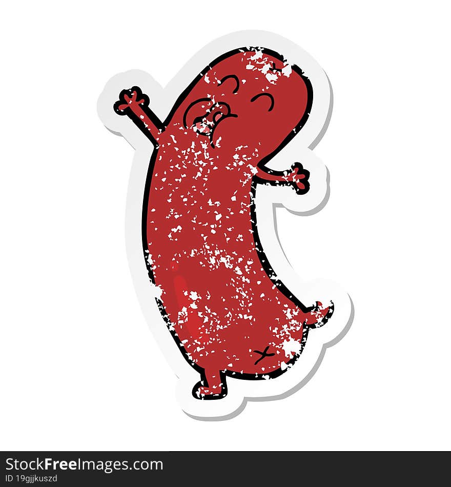 Distressed Sticker Of A Cartoon Dancing Sausage