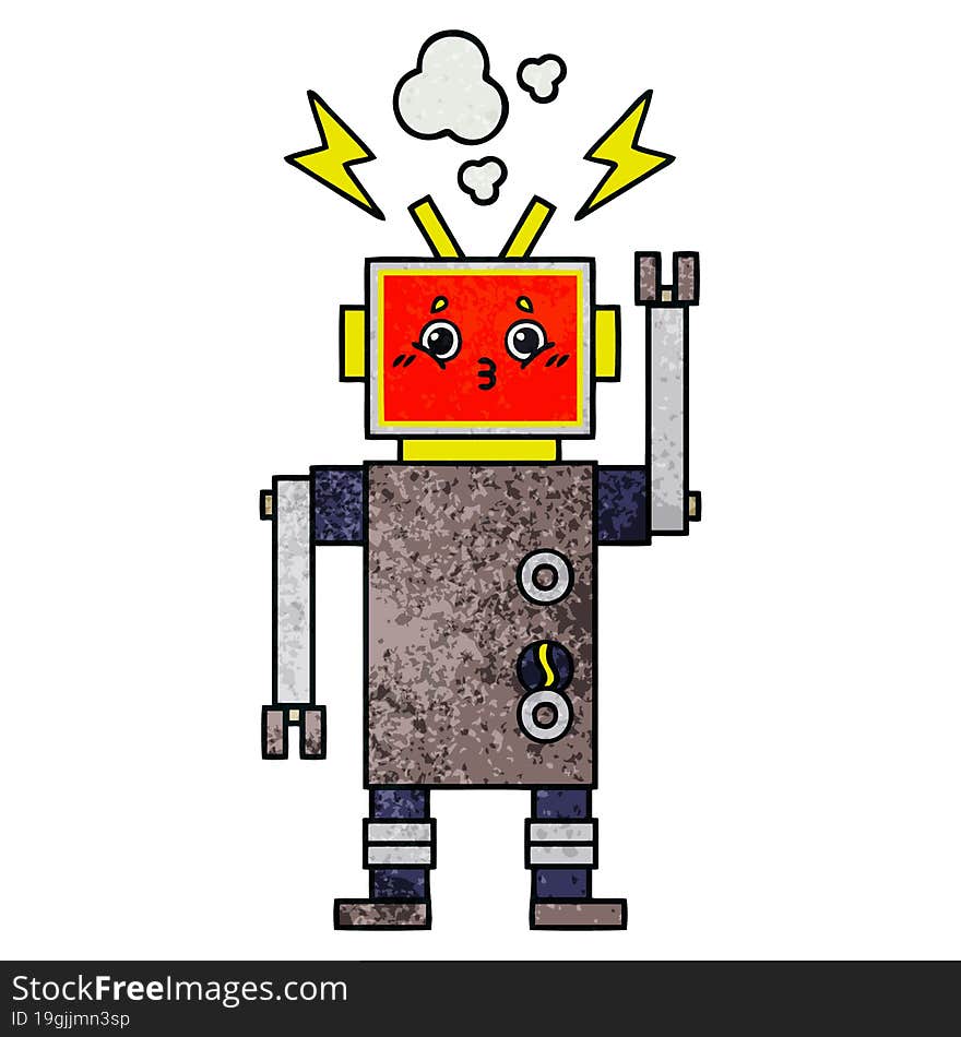 retro grunge texture cartoon of a robot malfunction