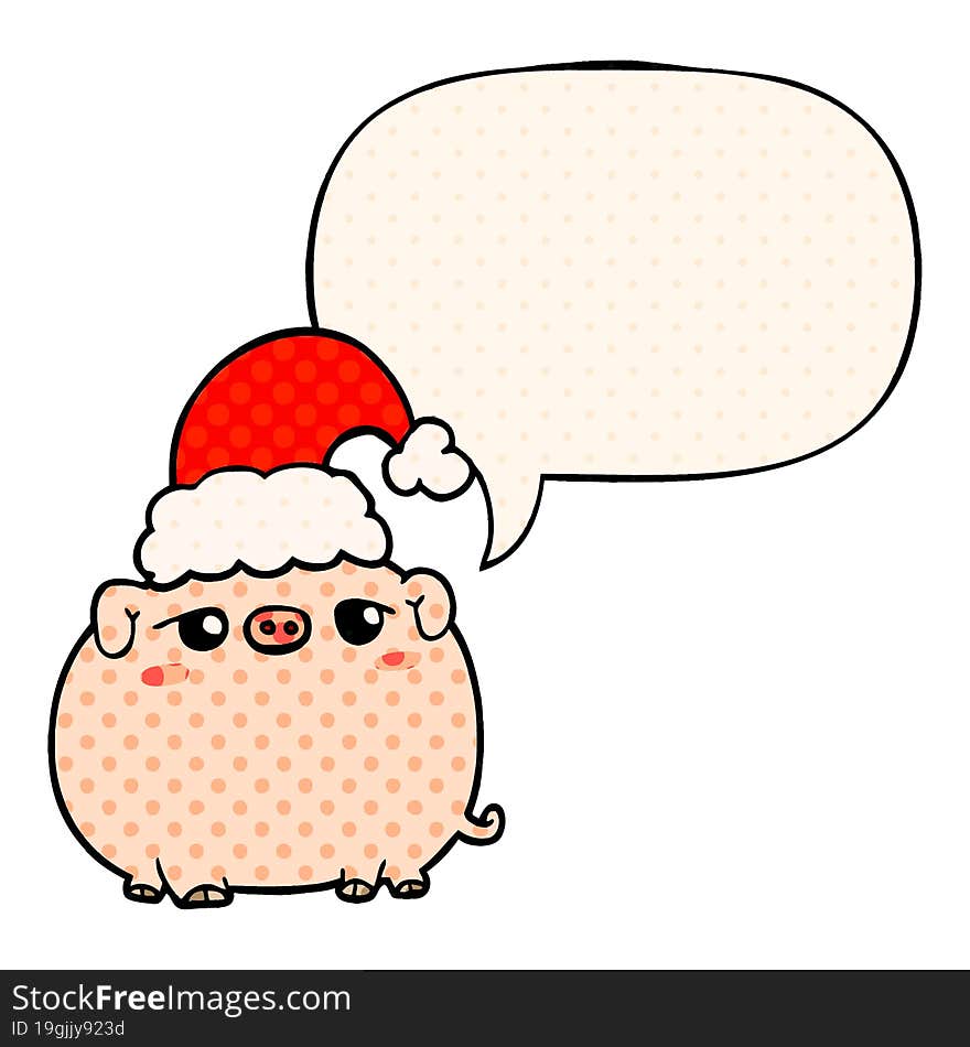 cartoon pig wearing christmas hat and speech bubble in comic book style