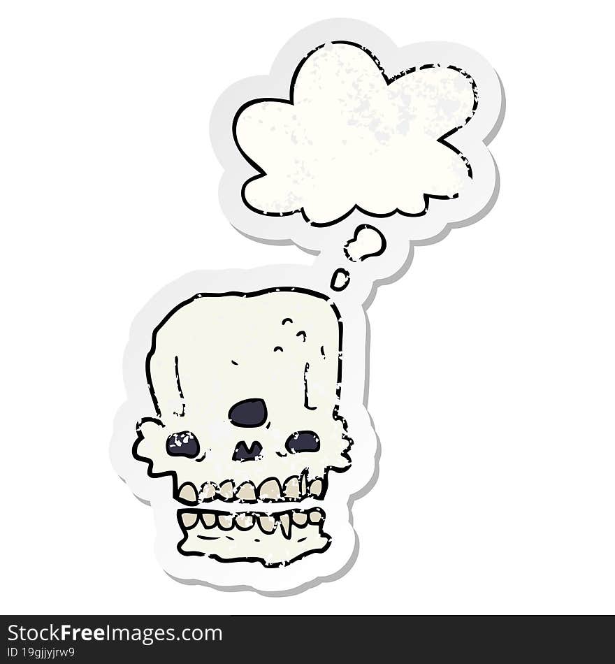 Cartoon Spooky Skull And Thought Bubble As A Distressed Worn Sticker