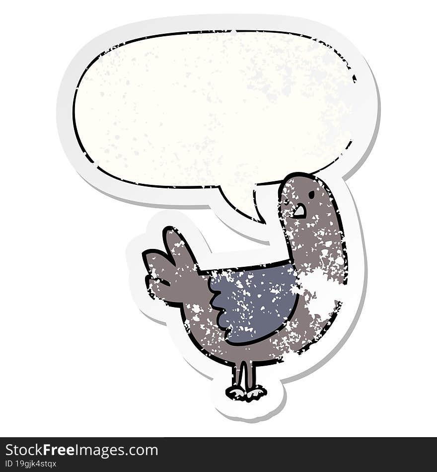 cartoon pigeon with speech bubble distressed distressed old sticker. cartoon pigeon with speech bubble distressed distressed old sticker